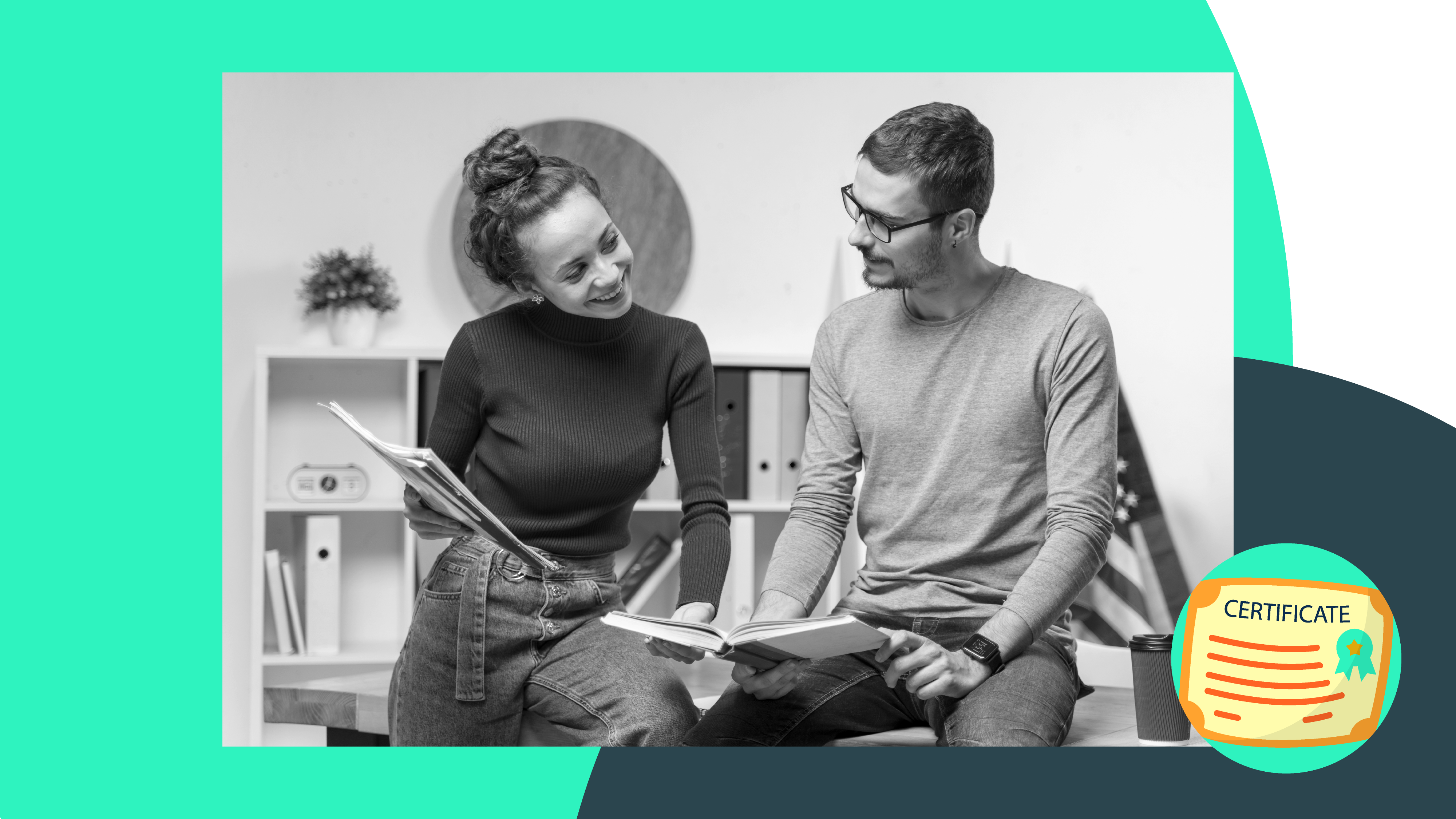 Two people study for a certificate to allow them to become qualified language tutors